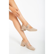 Büyük Numara 2 Bantlı Süet Ten Kadın Kısa Topuklu Ayakkabı