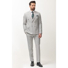 MCR Düz Gri Renk Slim Fit Kırlangıc Yaka Kruvaze Erkek Takım Elbise