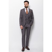 MCR Ekoseli Kamel Lacivert Renk Slim Fit Mono Yaka Erkek Takım Elbise