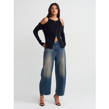Dilvin 71718 Dizi ve Paça Ucu Pensli Balon Denim Pantolon-Koyu Mavi