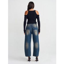 Dilvin 71718 Dizi ve Paça Ucu Pensli Balon Denim Pantolon-Koyu Mavi