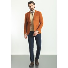 MCR Düz Kiremit Rengi Slim Fit Torba Cep Mono Yaka Premium Yün Erkek Ceket