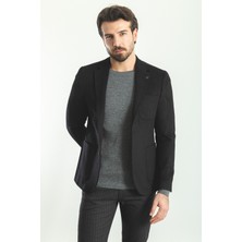 MCR Düz Siyah Slim Fit Torba Cep Mono Yaka Premium Yün Erkek Ceket