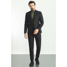 MCR Düz Siyah Renk Pileli Pantolon Slim Fit Erkek Takım Elbise