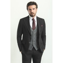 MCR Düz Siyah Slim Fit Geniş Yaka Kombinli Yün Erkek Takım Elbise