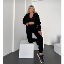 Meros Atelier Kadın 3 Iplik Şardonlu Kapşonlu Crop Sweatshirt ve Eşofman Altı Takım