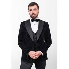 MCR Desenli Siyah Renk Slim Fit Geniş Yaka Kadife Erkek Damatlık