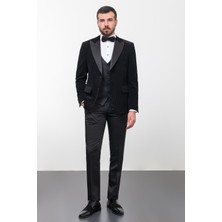 MCR Desenli Siyah Renk Slim Fit Geniş Yaka Kadife Erkek Damatlık