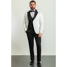 MCR Desenli Ekru Rengi Slim Fit Geniş Yaka Saten Erkek Damatlık