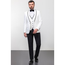 MCR Düz Ekru Rengi Slim Fit Çizgili Geniş Yaka Erkek Damatlık