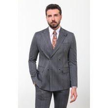 MCR Çizgili Siyah Slim Fit Kruvaze Erkek Takım Elbise