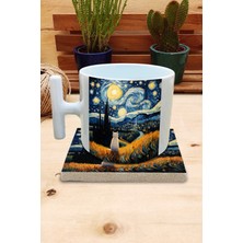 Harikapoli Kediler ve Sanat/van Gogh Yıldızlı Gece The Starry Night Set 9 - T Kulplu Fincan Kupa-Taş Bardak Altlığı 2