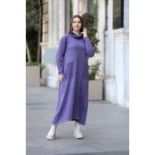 Kadın Yıkamalı Pamuk Boğazlı Triko Elbise - Mor