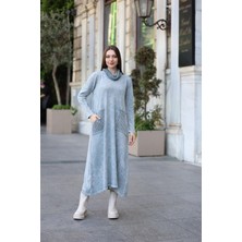 Kadın Yıkamalı Pamuk Boğazlı Triko Elbise - Gri