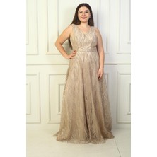 Kadın Kalın Askılı Astarlı Taşlı Tül Büyük Beden Uzun Abiye Elbise