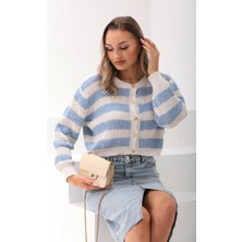 Kadın Çizgi Desenli Düğme Kapamalı Triko Örme Hırka 245085 -