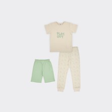 Erkek Çocuk Karanlıkta Parlayan Baskılı 3'lü Set Bej Pijama Takımı