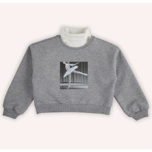 Kız Çocuk Baskı Detaylı Gri-Melanj Sweatshirt