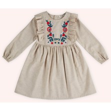Kız Çocuk Nakış Detaylı Bej Elbise