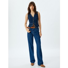 Koton Yüksek Bel Kot Pantolon Düz Paça Düğmeli Pamuklu - Straight Fit Jean
