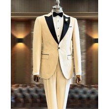 İtalyan Kesim Slim Fit Sivri Yaka Ceket Pantolon Damatlık Set Bej T12220