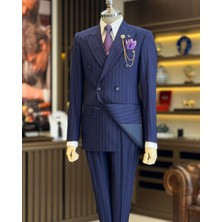 Terzi Adem Altun İtalyan stil kruvaze çizgili ceket pantolon takım elbise lacivert T12903