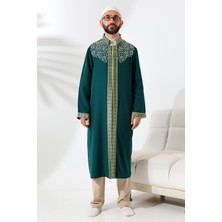 İhvan Online Yeşil Hakim Yaka Erkek Namaz Elbisesi Alpaka Pamuklu Kumaşla Şerit Nakış İşlemeli