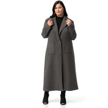 Disentis Modest Büyük Beden Ceket Yaka Torba Cepli Astarlı Uzun Gri Kaşe Kaban