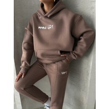 TKM-03630 Kahverengi Wake Up Kabartma Baskılı Kapüşonlu Sweatshirt Jogger Eşofman Üç Iplik Şardonlu Ikili Takım