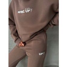 TKM-03630 Kahverengi Wake Up Kabartma Baskılı Kapüşonlu Sweatshirt Jogger Eşofman Üç Iplik Şardonlu Ikili Takım