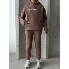 TKM-03630 Kahverengi Wake Up Kabartma Baskılı Kapüşonlu Sweatshirt Jogger Eşofman Üç Iplik Şardonlu Ikili Takım