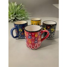 Artistic Quality Dekoratif Çini Işlemeli Büyük Kupa, Duble Kahve Fincanı, Ayran Bardağı, Meşrubat Bardağı 4 Adet