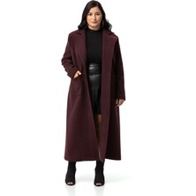 Disentis Modest Büyük Beden Ceket Yaka Torba Cepli Astarlı Uzun Bordo Kaşe Kaban