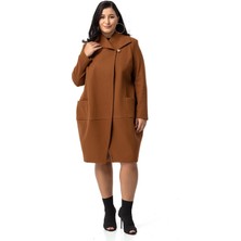 Disentis Modest Büyük Beden Torba Cepli Tek Düğmeli Astarlı Kahverengi Kaşe Kaban