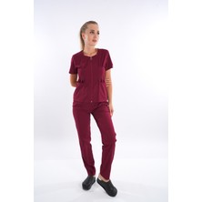 Nur Medikal Giyim Bordo Renk Lily Model Fermuarlı Soft Likra Doktor, Hemşire Cerrahi Üniforma Takım