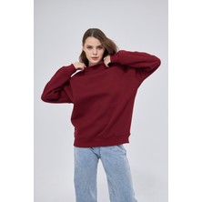 Yüksel Işık Unisex Bordo Renk Basic Sweatshirt Bisiklet Yaka Hoodie %100 Pamuklu