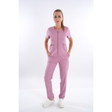 Nur Medikal Giyim Pudra Renk Lily Model Fermuarlı Soft Likra Doktor, Hemşire Cerrahi Üniforma Takım