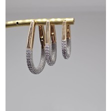 Hazz Aksesuar Gümüş Renk Zirkon Taşlarla Kaplı Gold Renk 3'lü Çelik Küpe