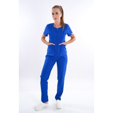 Nur Medikal Giyim Saks Mavi Renk Lily Model Fermuarlı Soft Likra Doktor, Hemşire Cerrahi Üniforma Takım