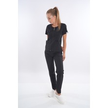 Nur Medikal Giyim Siyah Renk Lily Model Fermuarlı Soft Likra Doktor, Hemşire Cerrahi Üniforma Takım