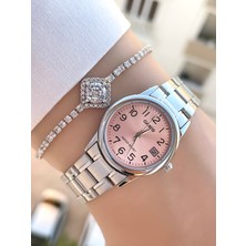 Casio Kadranı Pembe Renk Metalik Kordon Kadın Kol Saati