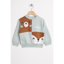 Tilki ve Ayı Figurlu Bisiklet Yaka Mint Renk Erkek Çocuk Sweatshırt