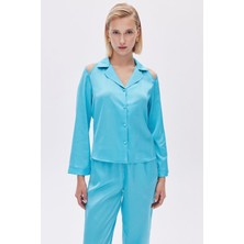 Leyiza Elu Mavisi Uzun Saten Pijama Takımı