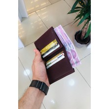 Derius Max Bordo Dikey Mini Model  Deri Kişiye Özel Isim Baskılı Erkek Cüzdanı(2 Şeffaf Bölmeli)