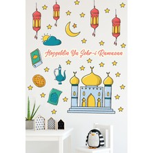 Mediterian Renkli Ramazan temalı cam kapı ve duvar sticker seti, hilal ve cami figürleriyle şık dekor