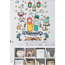 Mediterian Renkli Ramazan Temalı Cam Sticker Seti, Cami ve Ramazan Figürleri Dekorasyon