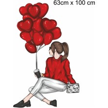 Mediterian Kırmızı Kalpli Balonlu Kız Duvar Sticker, Sevgililer Günü Dekoru, 63x100 cm
