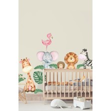 Mediterian Neşeli Orman Hayvanları Flamingo Kirpi Aslan Zebra Fil Zürafa Çocuk Odası Duvar Sticker