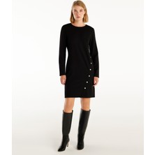 Düğme Detaylı Uzun Kollu Bisiklet Yaka Kısa Elbise