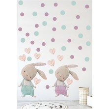 Mediterian Sevimli Kalpli Tavşan Pembe & Mavi Tulumlu Pastel Renk 60 Parça Duvar Sticker Seti